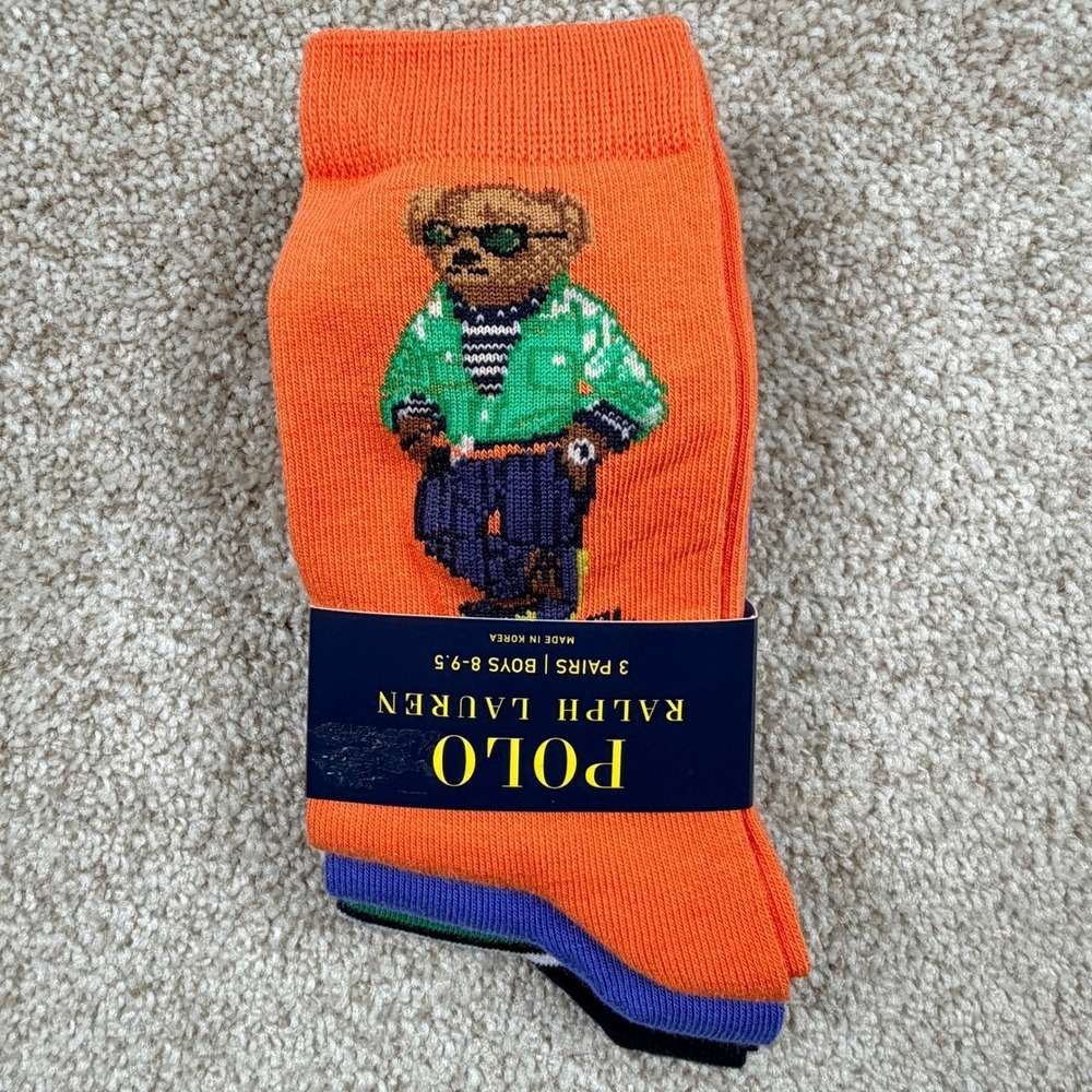 Polo Ralph Lauren Socks Boys 3 Pack Polo Bear Orange Blue Navy Size 8-9.5 NEW